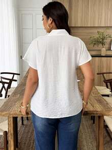 Weeklong Camisa suelta con botones y bordado de ojetes asimétrico, atuendo casual para diario/vacaciones, ropa de oficina - Blanco - Ver 2