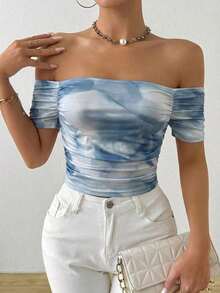 Camiseta de manga corta plisada con cuello recto en línea - Niebla azul - Ver 8
