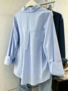 Camisa casual elegante con botones para mujer, blusa de oficina/trabajo con cuello en V, manga larga, con bolsillos, para primavera - Azul - Ver 2