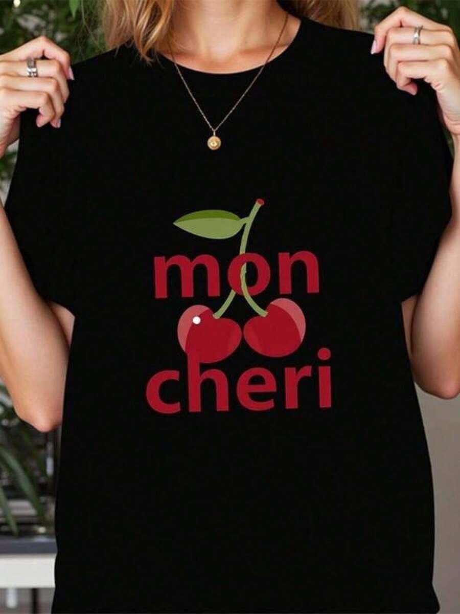 2026 new Camisetas Para Mujer Camiseta estampada de cerezas mon cheri para mujeres modernas y casuales, ideal para salidas con amigos o días relajados, disponible en negro, modelo suelto y cómodo, moda femenina,  de verano. - Negro - Ver 1