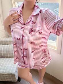 Conjunto de pijama de cárdigan con lazo, rayas y estampado de corazón, de talla grande, de seda sintética - Rosa - Ver 5