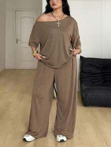 Conjunto de dos piezas de camiseta hombros descubiertos y pantalón ancho de chándal para mujer talla grande, minimalista, ropa de calle, uso diario, salir, deporte, cómodo - Marrón - Ver 7