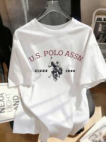 Camiseta de manga corta para mujer con estampado de caballo de polo USPA vintage, estilo estético académico holgado, camiseta gráfica de cuello redondo, top casual adecuado para uso diario, ropa de calle, salidas de verano, vacaciones, estilo vintage urbano, unisex, de algodón holgado, manga corta, cuello redondo, blusas para mujer. blusas.blusas casuales para dama. - Blanco - Ver 5
