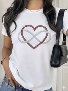 Camiseta de Mujer con Estampado de Corazón Infinito y Diamantes de Imitación, Camiseta Negra con Estampado de Diamantes Rojos, Regalo de Amor Eterno para el Día de San Valentín, Top de Manga Corta con Estética Glam Y2K. - Blanco - Ver 6