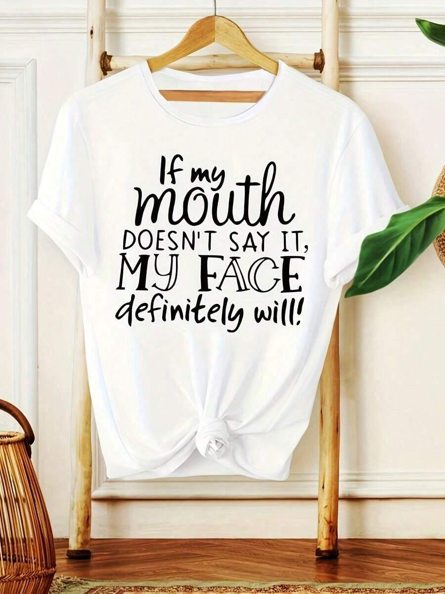 100% Cotton, 1 Piece, Women's Casual T-Shirt - Polyester Knit Fabric - Print "If My Mouth Doesn't Say It, My Face Definitely Will" - Round Neck With Short Sleeves - Regular Fit Summer T-Shirt - For Sports, Outdoor Activities, Work And Parties. - 白色 - 查看 1