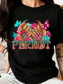 Camiseta de Mujer Moderna y Colorida con Diseño de Mariposas y Flores para Arte de Uñas, Gráfico Textual para Uso Casual en Primavera y Verano, Regalo Perfecto para Amantes del Arte de Uñas y Mujeres. - Negro - Ver 6