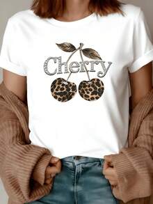 Two Cherries With An Animal Texture Symbolizing Vital Energy And Inner Joy, Fused With A Modern Wild Touch That Evokes Confidence. Elegant White Casual Women's T-Shirt - 白色 - 查看 8