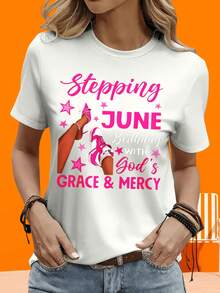 Camiseta de manga corta GraphicLadies para ocio, actividades al aire libre y hogar, 220g. Camiseta de mujer "Dando paso a junio con la gracia y misericordia de Dios". Camiseta de regalo para ocio, actividades al aire libre y fiestas. - Blanco - Ver 1