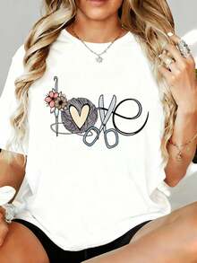 Camiseta de Mujer GraphicLove con Estampado de Corazón y Flor, Diseño de Tijeras y Hilo de Tejer y Ganchillo, 220g, para Ocio, Hogar, Aire Libre, Regalo para el Día de San Valentín o Fiesta - Blanco - Ver 4