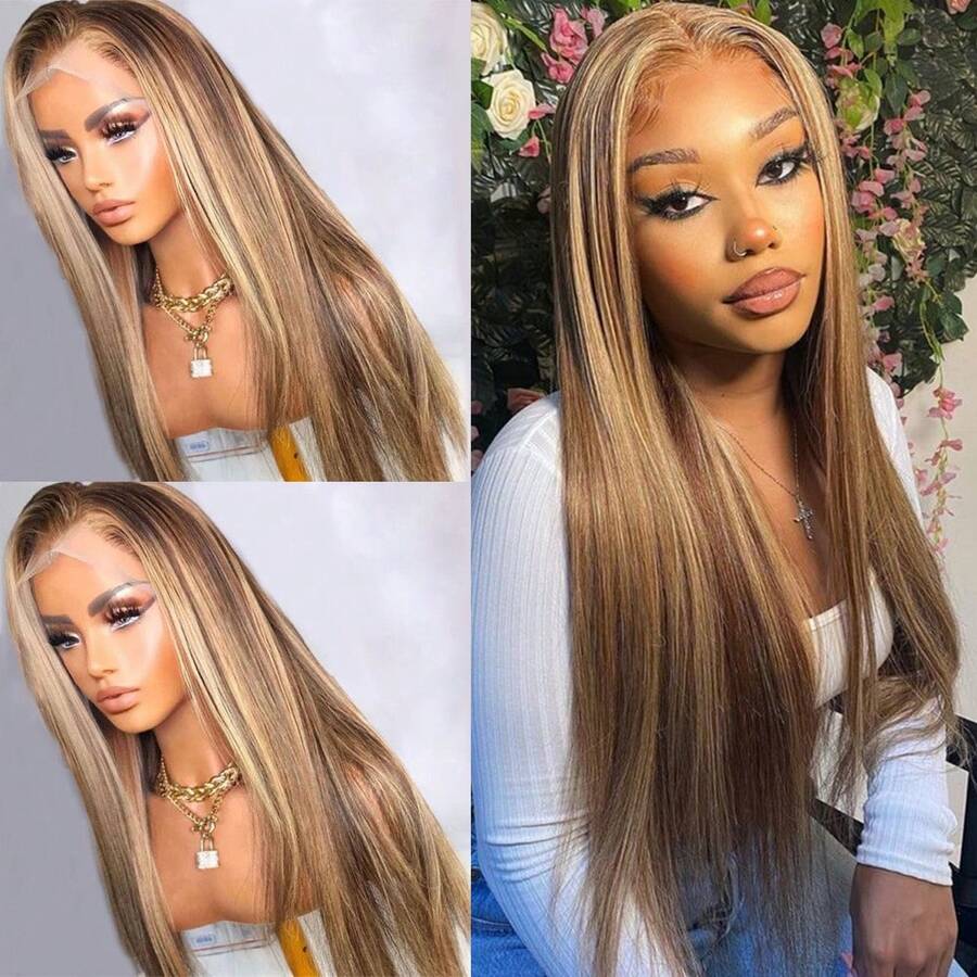 13X4 Pink & Brown Lace Front Wigs Pre Plucked Soft Free Part Long Straight Wigs Glueless Pink Skunk Stripe Wig Wear And Go Wig Heat Resistant Fiber Hair Synthetic Lace Front Wigs For Fashion Women For Daily Christmas Party Cosplay Use - 挑染金色 - 查看 1