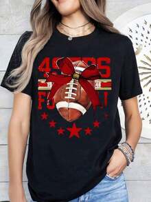 Camiseta Casual para Mujer, Blanca con Estampado del Equipo de Fútbol Americano 49ers, Lazo Rojo y Estrellas, para el Día del Partido y Uso Diario, 220g, 100% Algodón, Resistente - Negro - Ver 2