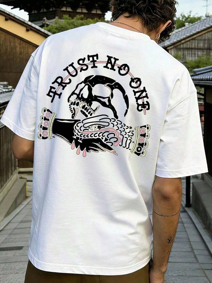 2026 New Men's Casual Street Style Skull Print Crew Neck Short Sleeve T-Shirt, Summer Style