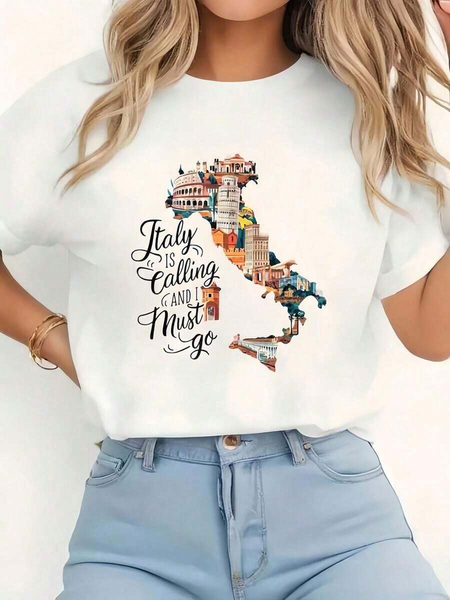 Regalo: 1 camiseta blanca para mujer con estampado de mapa de Italia y paisaje urbano, cuello redondo, camiseta casual de algodón, tejido de punto de elasticidad media, corte regular para damas, ideal para primavera/verano/otoño, suave. - Blanco - Ver 1