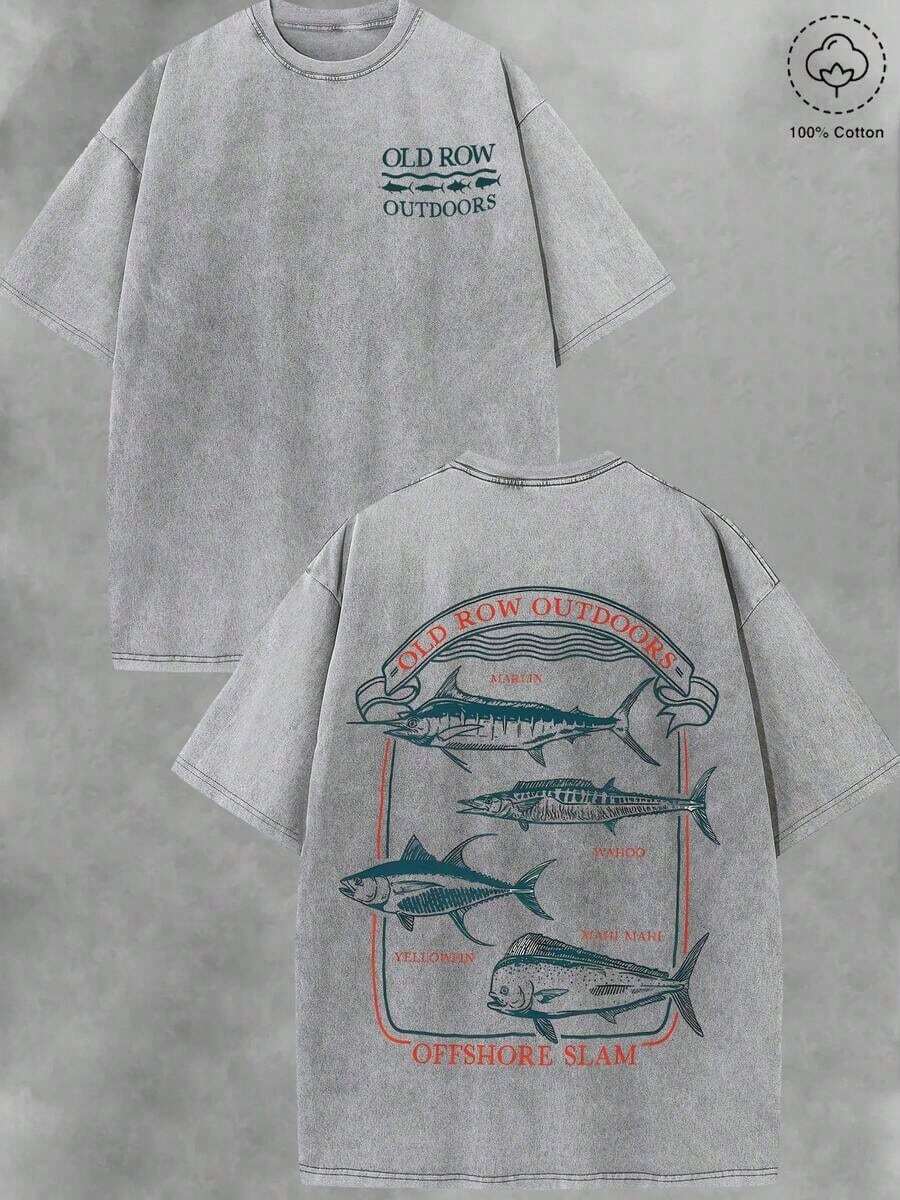 Men's Washed Cotton T-Shirt - Retro Style With "Offshore Slam" Fishing Graphic | Soft And Breathable 230g Summer Casual Sets | Men's Short Sleeve T-Shirt, Urban Style (Retro Style, Thick Fabric, Unisex) - 灰色 - 查看 1