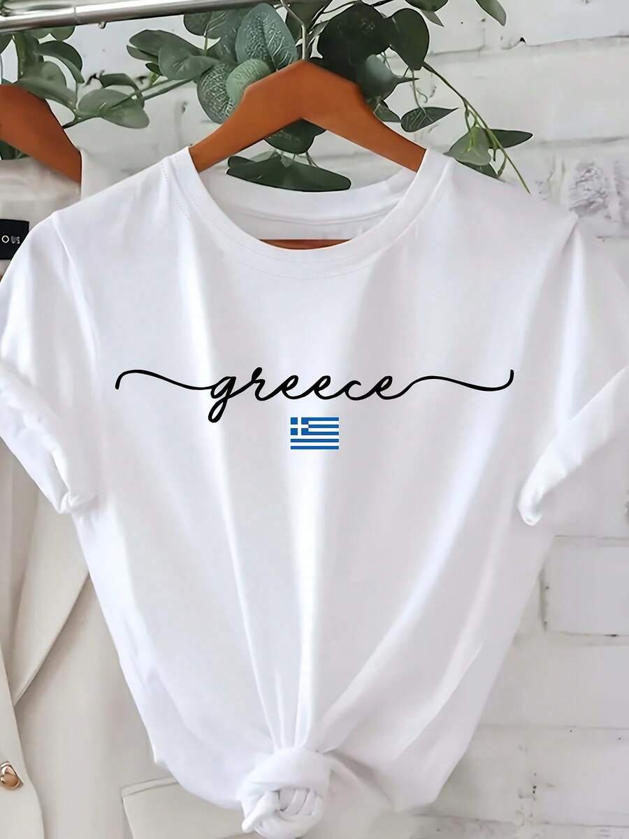 Women's T-Shirt With Greek Letter Print - White, Casual, Short-Sleeved, Round Neck, Featuring The Greek Flag And Map Design, Breathable And Machine-Washable Fabric, Suitable For Spring And Summer Travel And Casual Wear, Suitable For All Seasons, Simple Design, Opaque Material, Lightweight Summer Clothing, A Must-Have For Your Holiday Wardrobe, Greek-Themed T-Shirt, Printed T-Shirt For Women, Geometric Pattern Top, Map Print T-Shirt, Breathable Fabric T-Shirt, Machine-Washable Top, Ideal For Women Who Love To Travel, European Travel Shoppers, 180g 100% Cotton. - 白色 - 查看 1