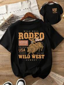 Ropa de mujer: Camiseta casual de mujer de manga corta de mezclilla a la moda con estampados frontales y traseros, un imprescindible para el verano, con cuello redondo y estampado tradicional - ropa de mujer, ajuste cómodo, diseño clásico. - Negro - Ver 1