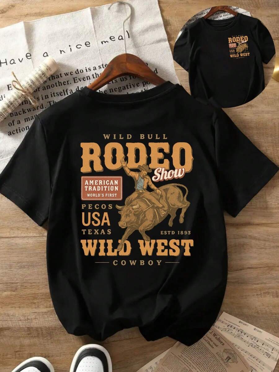 Ropa de mujer: Camiseta casual de mujer de manga corta de mezclilla a la moda con estampados frontales y traseros, un imprescindible para el verano, con cuello redondo y estampado tradicional - ropa de mujer, ajuste cómodo, diseño clásico. - Negro - Ver 1