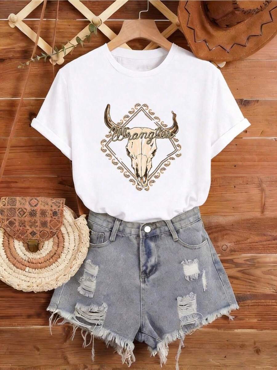ropa de mujer Este producto solo incluye una camiseta, no incluye pantalones, Mujer, Camiseta de cuello redondo, Craneo de toro western, paleta de colores arena, marrón oscuro, dorado, ilustración gráfica, detalle ornamental, composición simétrica, motivo repetitivo, estética rústica, sofisticada, detalle con letra de cuerda, ornamento de pañuelo, diseño de estampado, lavable a máquina, tela resistente, estilo casual, material cómodo, ropa casual holgada, combina con jeans, combina con botas western, combina camisas de mujer