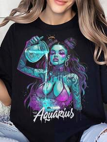 Camiseta de Mujer con el Signo Zodiacal Acuario, Diseño Gráfico de Astrología para Mujeres Nacidas en Enero y Febrero, Regalo de Moda para Ella en su Cumpleaños o Días Festivos - Negro - Ver 6