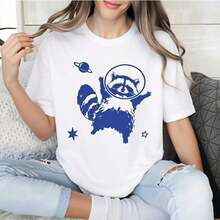 Women's T-Shirt With Cute Animal Print, Raccoon In Space With Planet And Stars, Casual Summer Clothes For Her, Gift For Friends And Family - 白色 - 查看 1