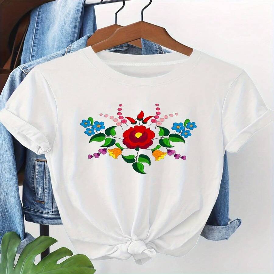 Women's Casual Cotton Round Neck Short Sleeve T-Shirt With Vibrant Floral Print Regular Length High Stretch Fabric Top - 白色 - 查看 1