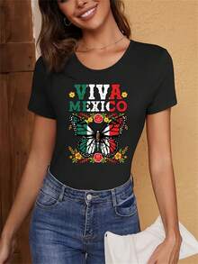 Celebrando el espíritu mexicano: Camiseta "Viva México" estampada con coloridas mariposas. Elegante camiseta deportiva casual de cuello redondo para mujer, cómoda para las cuatro estaciones, ¡una prenda que seguramente te encantará! --Camiseta cómoda y relajada para el tiempo libre. - Negro - Ver 11