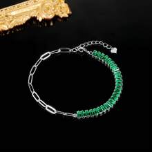 MDFUN 18K White Gold Plated Bracelet, Baguette Cut CZ Half Tennis Half Paperclip Chain Adjustable Bracelet, Multicolor Elegant Jewelry For Women - Green - View 2