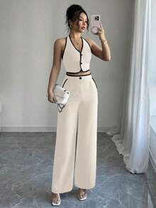 Set de 2 piezas para mujer: Top halter de cuello con recorte de contraste y espalda descubierta, y pantalones con bolsillo - Albaricoque - Ver 6
