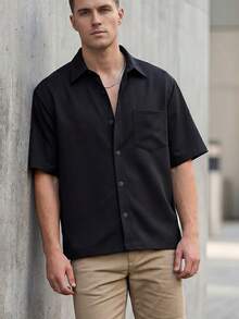 Men'S Casual Shirt | Boxy Fit Button-Up Shirt With Chest Pocket And Lapel Collar | Loose Fit, Summer Style, Slight Stretch Fabric | Ideal For Office, Daily Wear, Casual Outfits | Streetwear Style By FIVE MEN - 黑色 - 查看 2