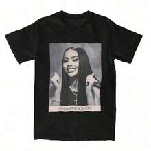 1 Piece Funny Retro 90s Rapper Cat Print T-Shirt, Round Neck, Short Sleeve, Women's Cotton, Summer, 180g, 100% Cotton. - 黑色19 - 查看 6