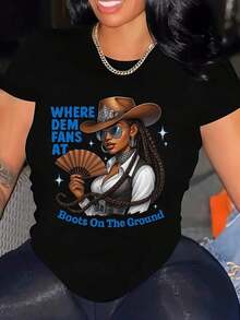 Women's Casual T-Shirt With "WHERE DEM FANS AT", "Boots On The Ground" And "Cowgirl With Fan" Print, T-Shirts For Cultural Events, General Use T-Shirts, Women's T-Shirts. - 黑色 - 查看 6