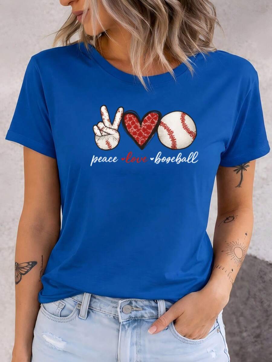 Camiseta casual de verano para mujer, diseñada con motivos de paz, amor y béisbol - cuello redondo, ligeramente elástica, hecha de tela. - Azul - Ver 1