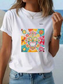 Limited Time Offer, Limited Quantity Available, Lightning , Women's Shirts, Women's T-Shirts. Women's Oversized White T-Shirt, Short Sleeve, Round Neck, Colorful Graffiti  Mask Print, Casual Mexican Style For Everyday Wear - 白色 - 查看 2