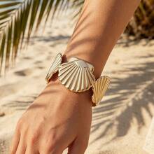 1pc Vintage Fashionable Seashell Metal Adjustable Bangle Bracelet, Versatile For Daily, Vacation, Commute - Gold - View 5