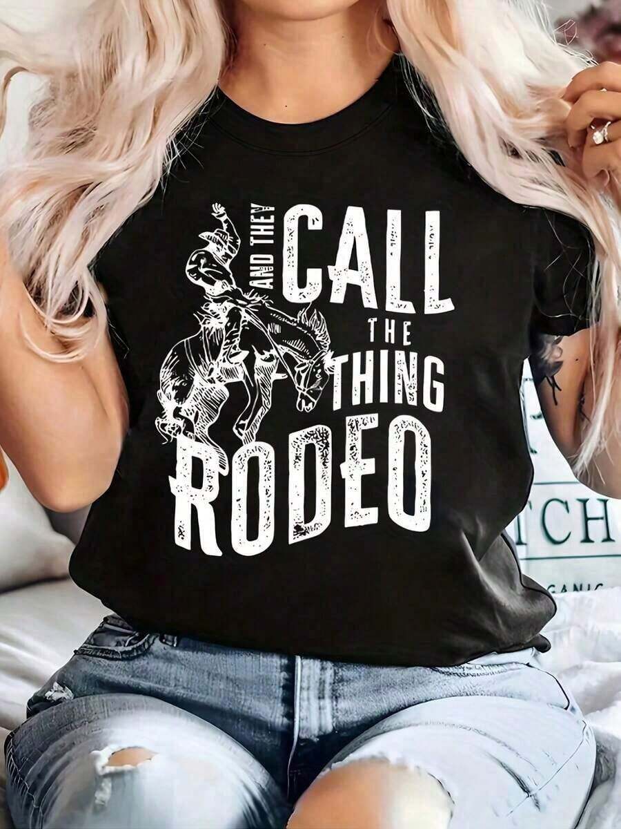 Women's Clothing Women's Rodeo Print Short Sleeve T-Shirt, Comfortable, Breathable, Slim Fit Graphic Design, Western T-Shirts, Graphic Tees, Summer T-Shirts, Casual T-Shirts, Summer Tops, Summer Sets For Women, Women's Shirts - 黑色 - 查看 1