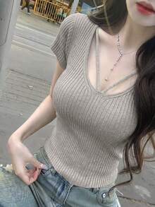 New Solid Color Versatile Slim Fit Waist Cinched Cap Sleeve Knit Top, Spring/Summer - Gray - View 2