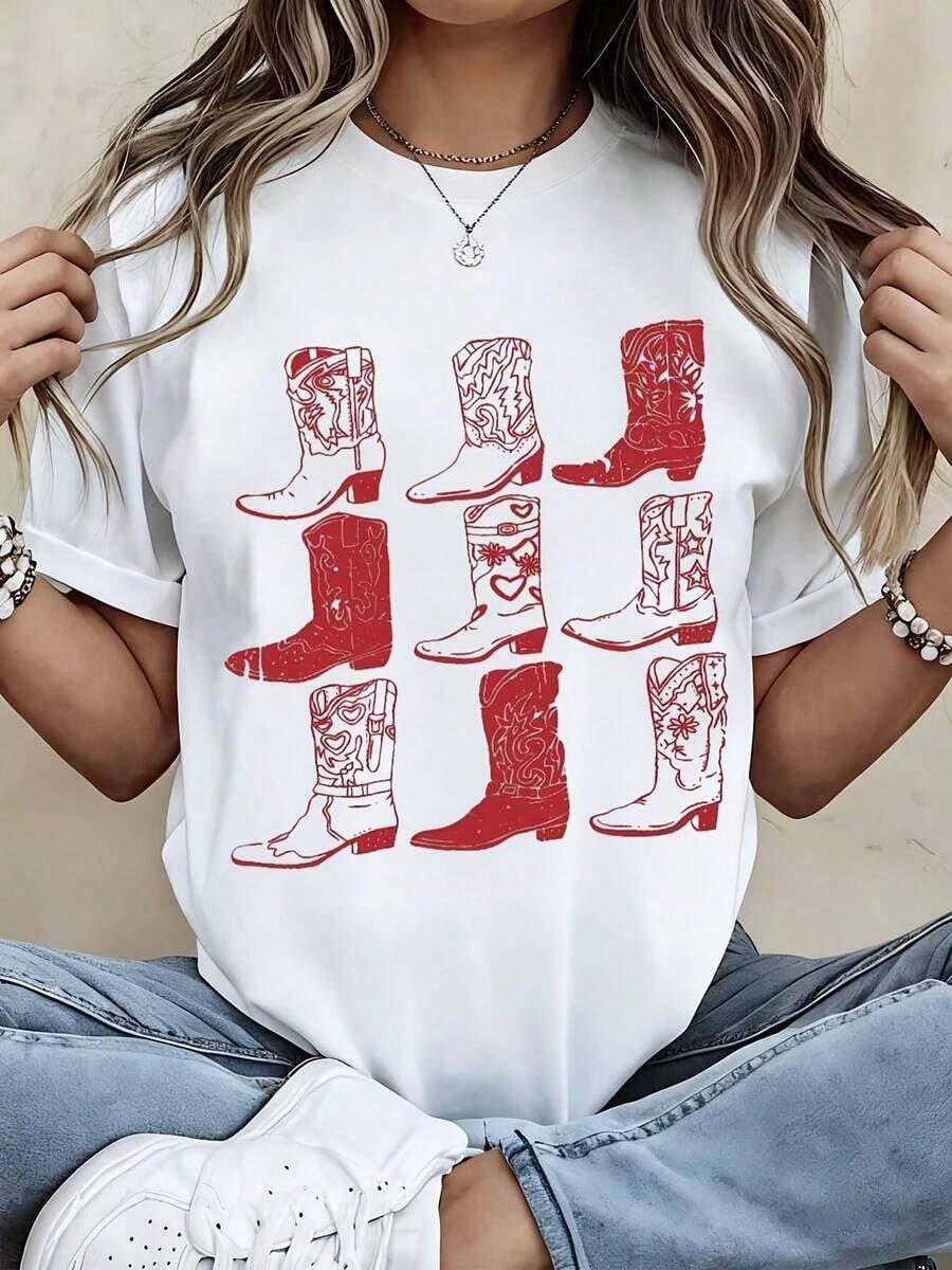 Women's Clothing Cowboy Boot Print T-Shirt, Red Western Boot Design, Casual Women's Clothing, Outdoor Style, Fashion Top, Summer Set, Women's Shirts - 白色 - 查看 1