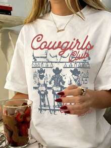 Camiseta de mujer de manga corta con cuello redondo, nueva para el verano, con estampado de retrato y letras, top casual y versátil, uso diario de moda - Blanco - Ver 2