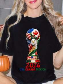 Women's Elegant T-Shirt With World Cup Theme, Short Sleeve, Round Neck, Cotton, With 2026 World Cup Trophy Design, USA, Canada, Mexico, Soccer Trophy Design, Soccer Fan Clothing, Casual Urban Style - 黑色 - 查看 1