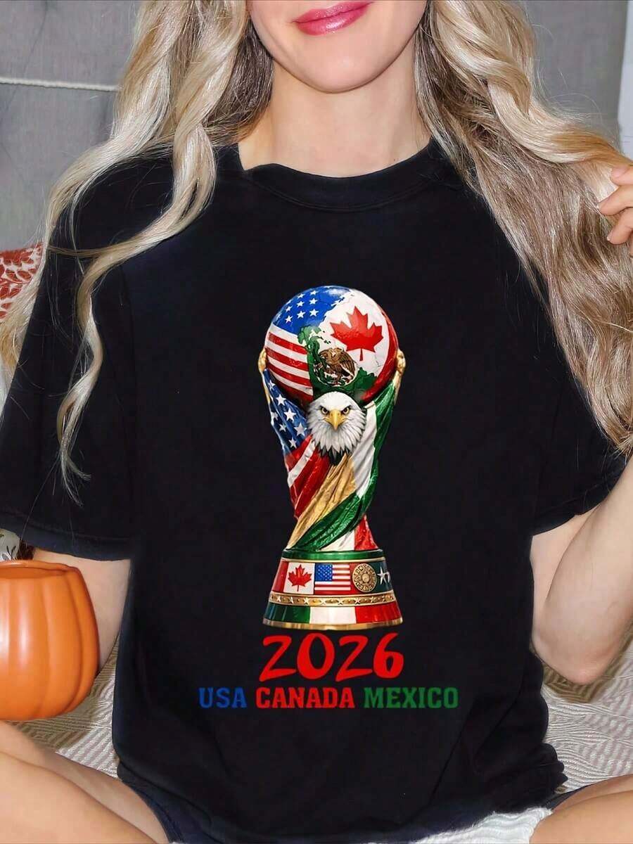 Women's Elegant T-Shirt With World Cup Theme, Short Sleeve, Round Neck, Cotton, With 2026 World Cup Trophy Design, USA, Canada, Mexico, Soccer Trophy Design, Soccer Fan Clothing, Casual Urban Style - 黑色 - 查看 1