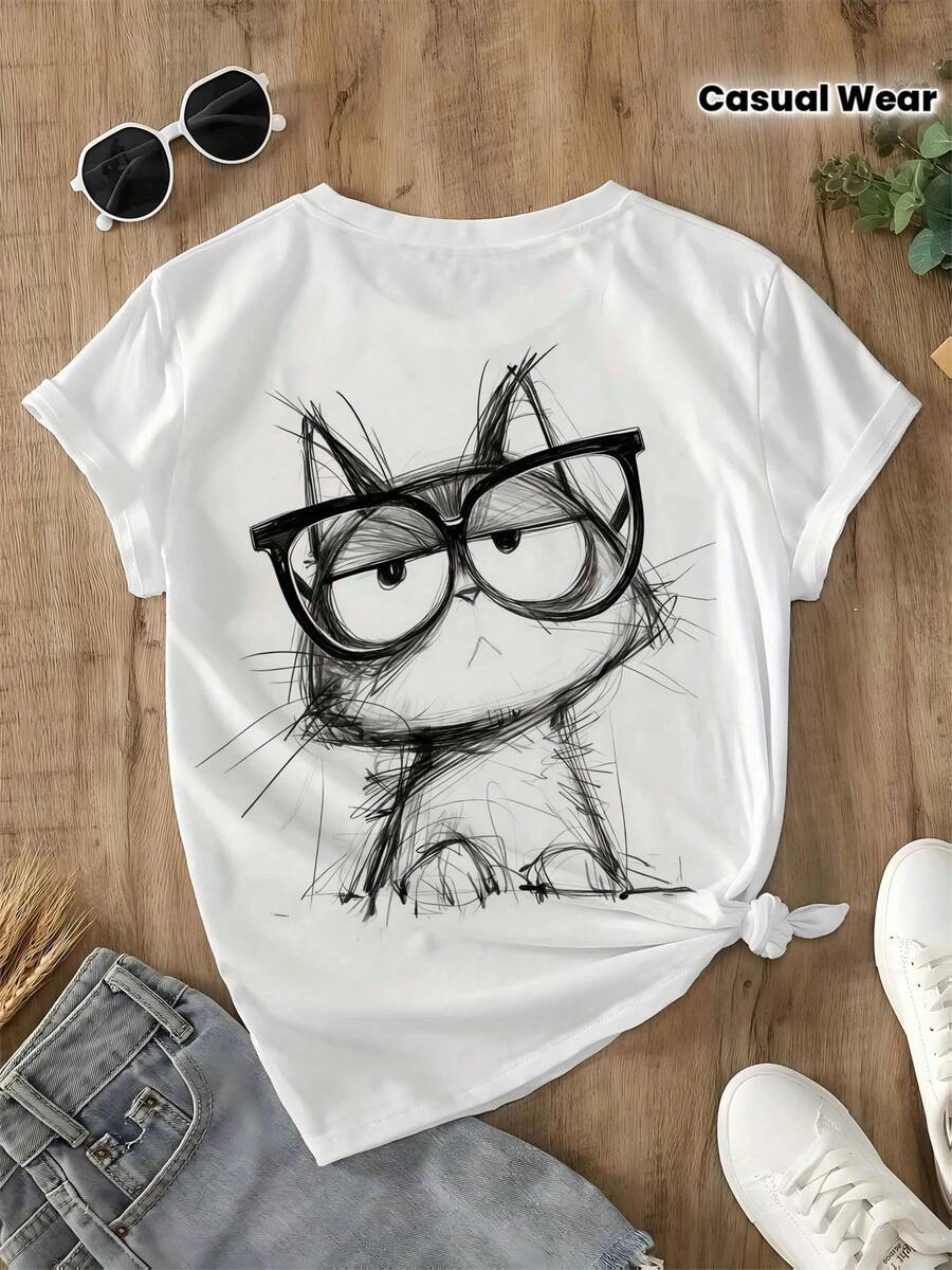Short-Sleeved T-Shirt With Round Neck, White Base, Black And White Sketch Style | Crazy Cat Print With Black-Framed Glasses And Messy Casual Brushstroke Design, Individual American Street Style, Fun And Eye-Catching For Women - 白色 - 查看 1