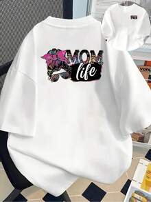 New 180g Short-Sleeved T-Shirt, 1% Cotton, With Prints On The Front And Back - MOM LIFE - Fashionable Printed T-Shirt For Women, Your Best Choice! - Suitable For Layering In Spring And Autumn, And For Wearing Alone In Summer, Unisex Style. - 白色 - 查看 1