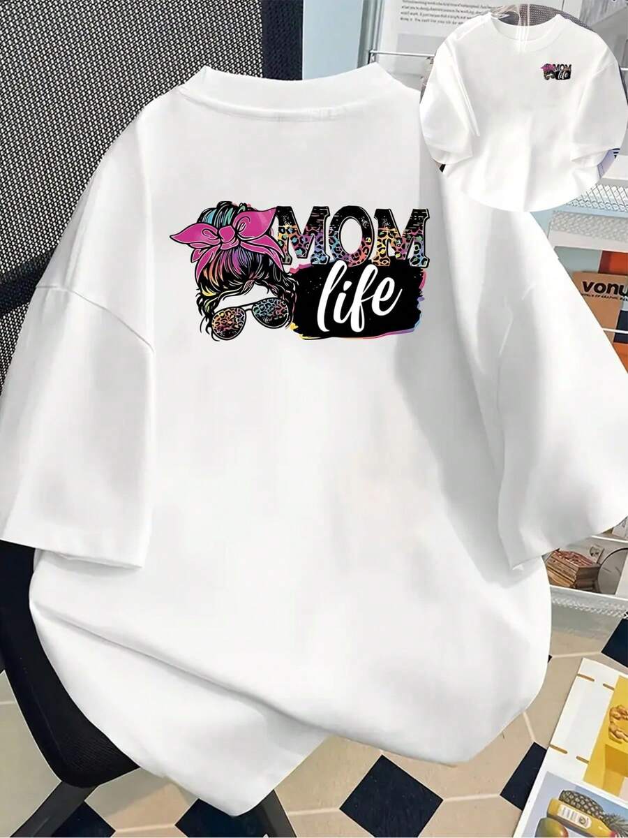 New 180g Short-Sleeved T-Shirt, 1% Cotton, With Prints On The Front And Back - MOM LIFE - Fashionable Printed T-Shirt For Women, Your Best Choice! - Suitable For Layering In Spring And Autumn, And For Wearing Alone In Summer, Unisex Style. - 白色 - 查看 1