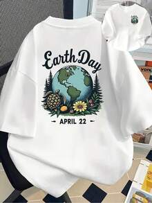 New 180g Short-Sleeved T-Shirt, 1% Cotton, With Front And Back Prints - Earth Day, Turtle - Fashionable Printed T-Shirt For Women, Your Best Choice! - Suitable For Layering In Spring And Autumn, Or Alone In Summer, Unisex Style. - 白色 - 查看 6