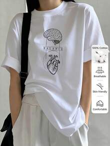 Women's Casual Sports T-Shirt, Pure Material, Round Neck Style, Y2K, Unisex Short-Sleeved T-Shirt With Brain And Heart Balance Print, Simple Casual Everyday Style, Comfortable Fabric, Suitable For All Seasons, Machine Washable, Sizes S-2XL, Various Colors - 白色 - 查看 1