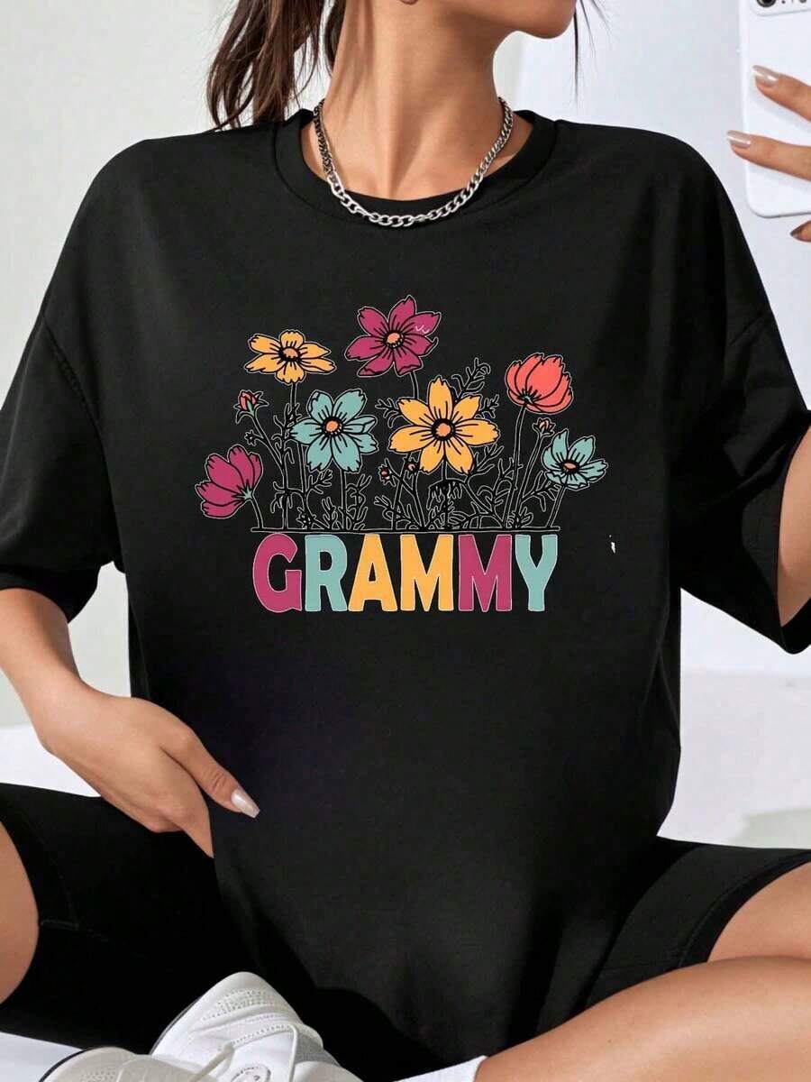 Women's Oversized T-Shirt With Floral Grammy Design, Casual Summer Top With Colorful Flower Print, Loose And Comfortable Fit, Streetwear Style - 黑色 - 查看 1