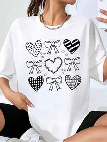 Women's Oversized T-Shirt With Heart And Bow Print, Casual Style, Loose Fit, Graphic Tee, Fashion Top For Valentine's Day, Summer Clothing - 白色 - 查看 7