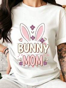 Women's Easter T-Shirt With Bunny Ears Design And Floral Heart Print, For Spring Celebration, Gift For Mom - White - View 1