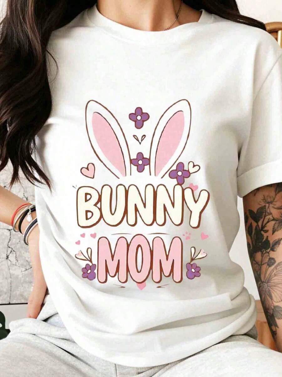 Women's Easter T-Shirt With Bunny Ears Design And Floral Heart Print, For Spring Celebration, Gift For Mom - White - View 1