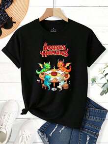 Women's T-Shirt, Vintage 90s House Of Humans T-Shirt With Anime Characters And Board Game Theme - Oversized Casual Style 180g Heavyweight With Anime Characters And Board Game Theme - Nostalgic Gaming Clothes For Adults (Washable) - Humorous Graphic Tees From House Of Humans For Men, Men's Clothing, Men's Shirts, Graphic Tees, Women's Clothing, Summer Tops, Summer Clothes - 黑色 - 查看 3